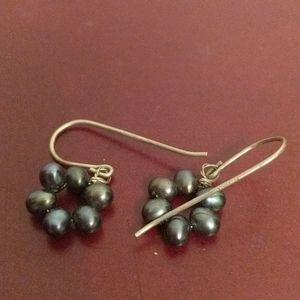 Black iridescent glass bead earrings, silver